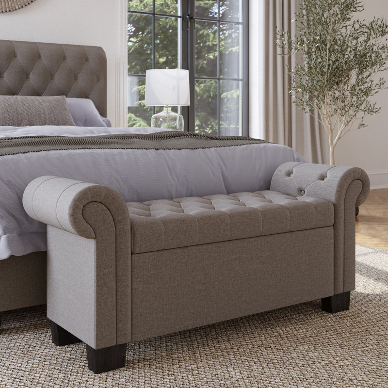 Linen Blend Upholstered Storage Bench