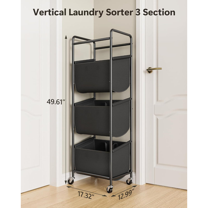 Vertical Laundry Sorter 3 Section With Removable Bag, Laundry Hamper With Wheels, 120 L Rolling Laundry Baskets Organizer For Bathroom, Apartment, Dorm Room