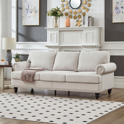 83" Modern Classic Design With Nails Living Room Three Seater Sofa Fabric Couch,Upholstered Polyester Beige.