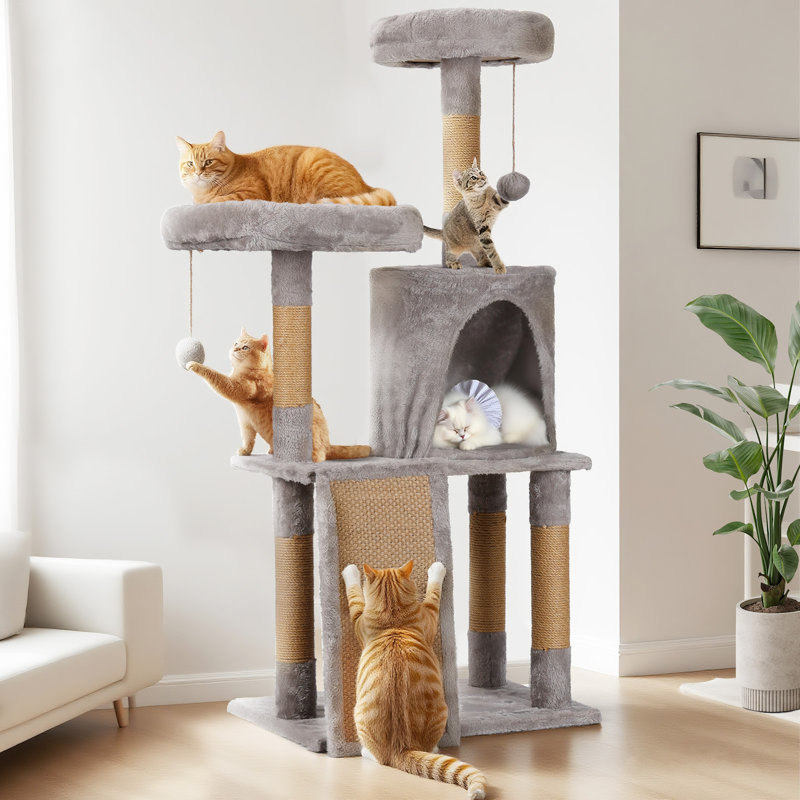  Arbre à chat 46 po pour chat d'intérieur, tour pour chat avec poteau à griffer, rampe, perchoir, chat pour chatons, chats âgés, gris clair