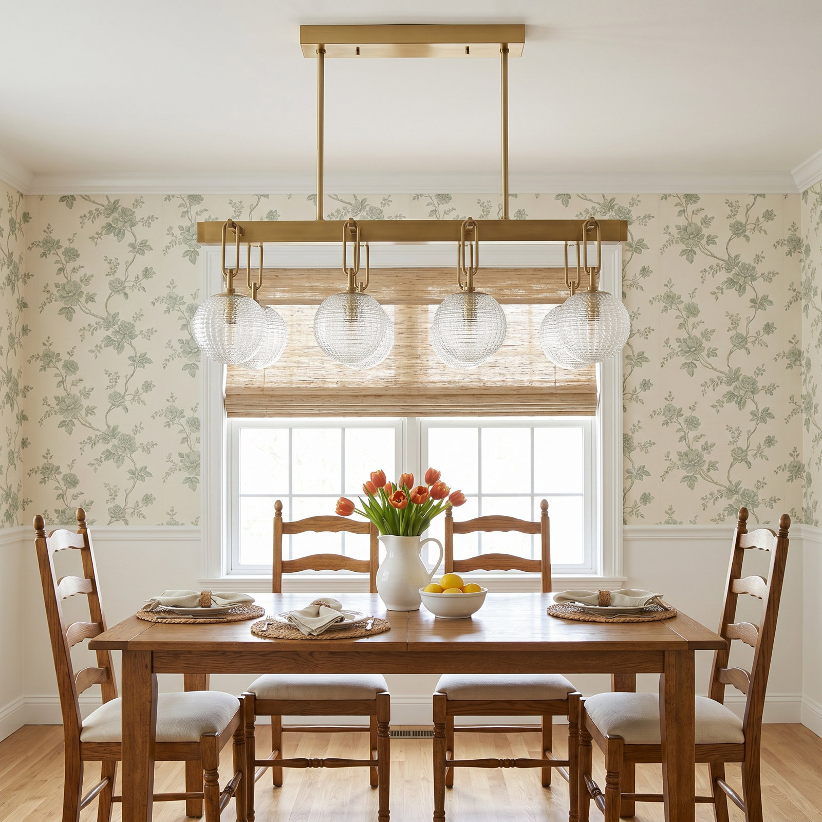 8 Light Glass Dimmable Pendant, Aged Brass