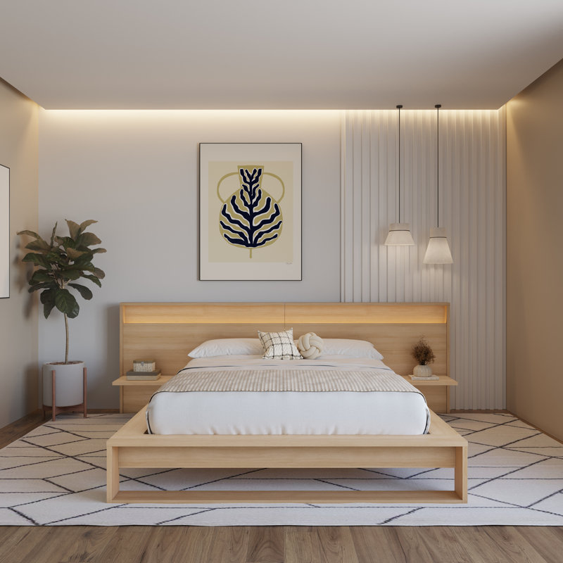 Lido Queen Size Bedframe with Wide Headboard with Integrated Lights, Beige