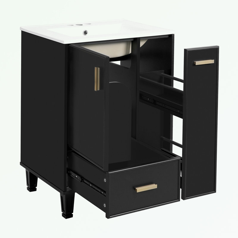 Meuble-lavabo de salle de bain avec lavabo, tablette de porte, tiroir profond et panier coulissant à 2 niveaux, Noir