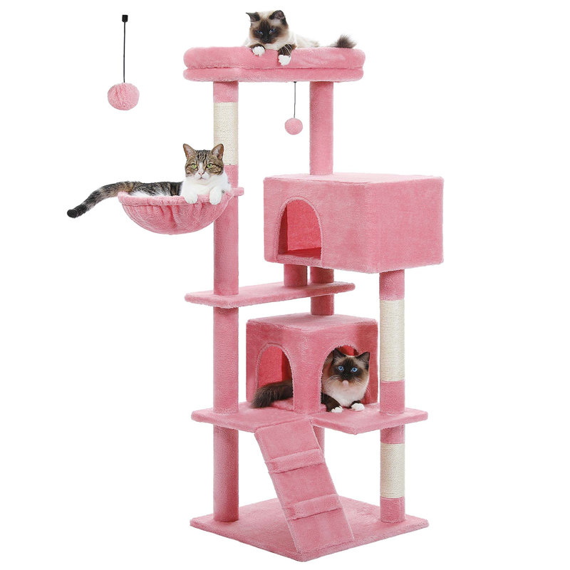 Arbre à chat avec grand perchoir supérieur, hamac moelleux, tablettes pour chat et pompon suspendu, poteaux à griffer pour chat et 2 maisonnettes