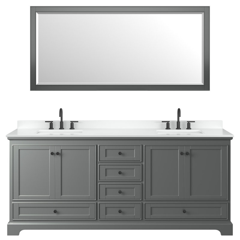 Ensemble de meuble-lavabo double 80 po Deborah en gris foncé, comptoir en marbre de culture blanc, lavabos carrés encastrés (3 trous), garniture noir mat, miroir de 70 po