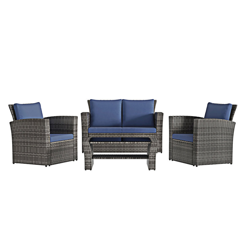 Canapé modulaire d'extérieur 4 pièces avec table basse en verre trempé