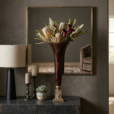 Trumpet Glass Flower Vase with Metal Base for Home Decor - Tall Table Vase with Flared Silhouette for Floor Display - Bronze & Copper