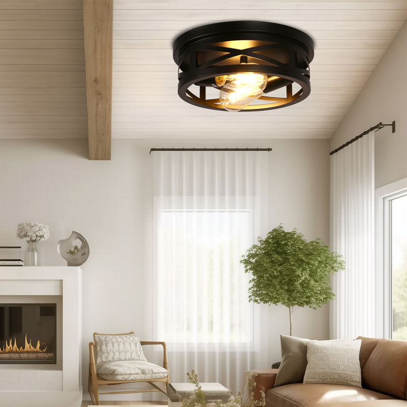 Craspedia 2-Light Drum Farmhouse Flush Mount, Matte Black