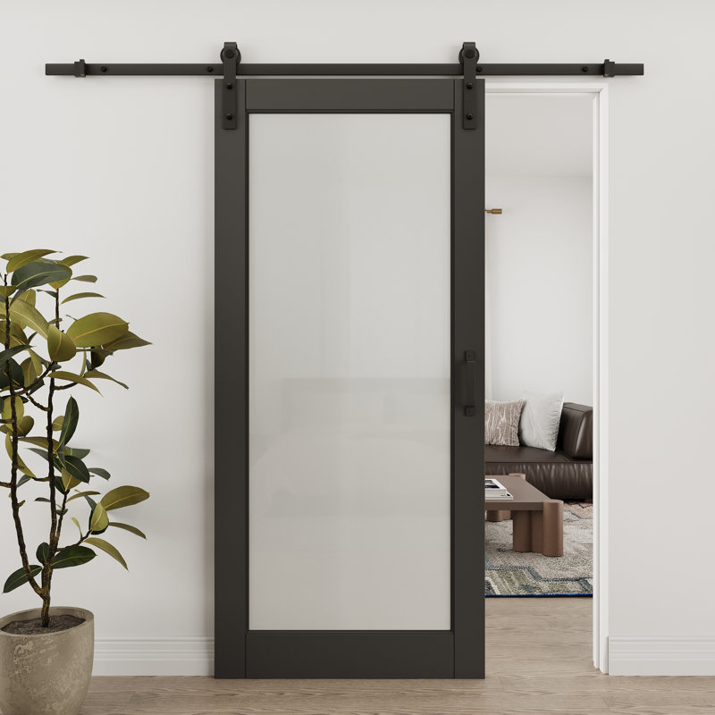1 porte de grange coulissante en verre givré noir et bois manufacturé blanc avec ensemble de quincaillerie d'installation (1 assemblage requis)