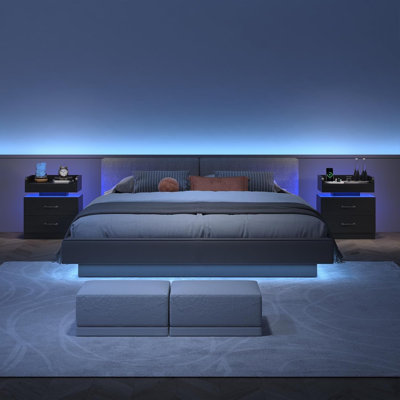 Diamond Tufted Upholstered Platform Bed Frame with Matching LED Nightstands Bedroom Set by Wrought Studio