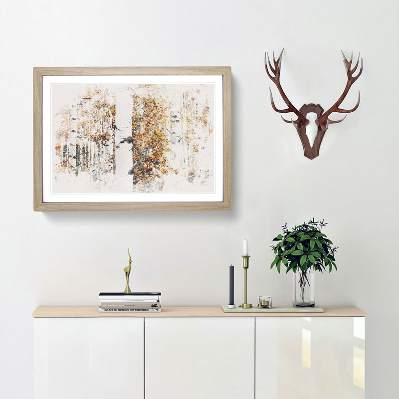Birch Trees in Autumn Watercolour - Picture Frame Graphic Art Print, 45cm H x 63cm W x 2cm D, Oak Framed