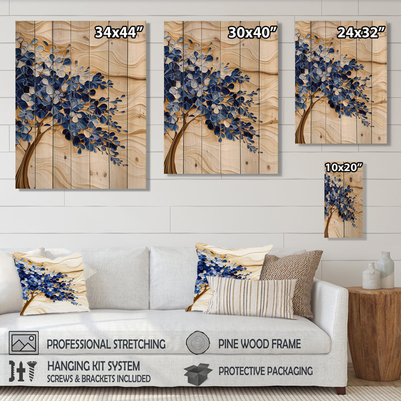 Jacaranda bleu en hiver - Paysage moderne, art mural sur bois de pin naturel, H 20 po x l 10 po x P 0,78 po