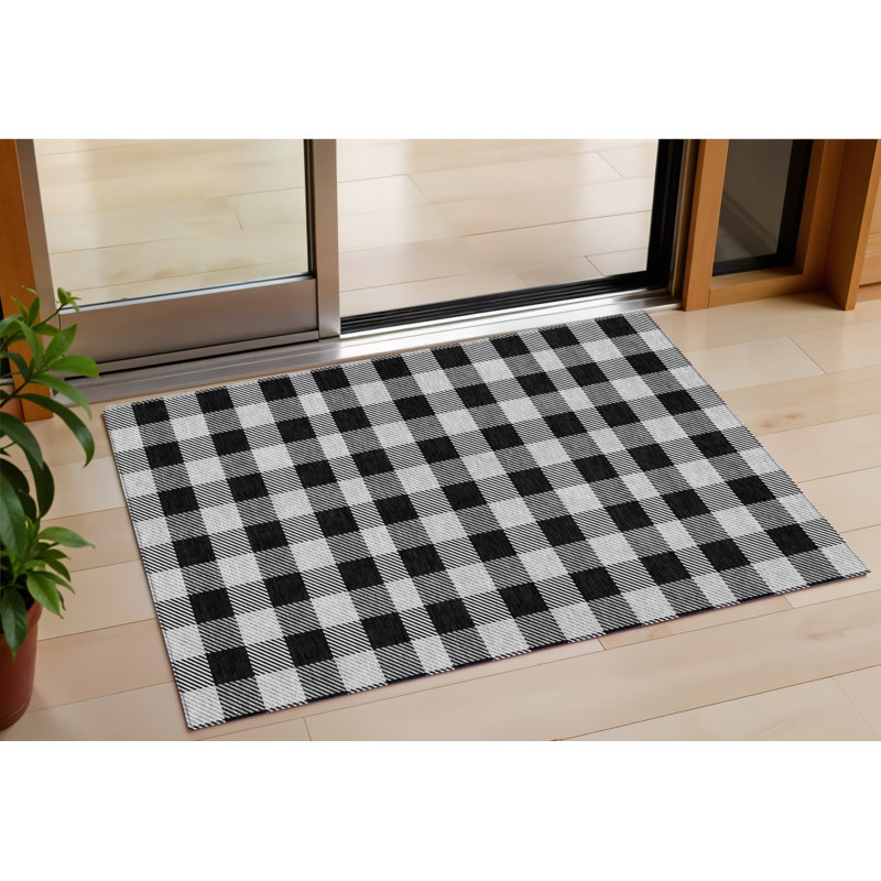 3' X 5' Black Gray And Ivory Plaid Washable Indoor Outdoor Area Rug