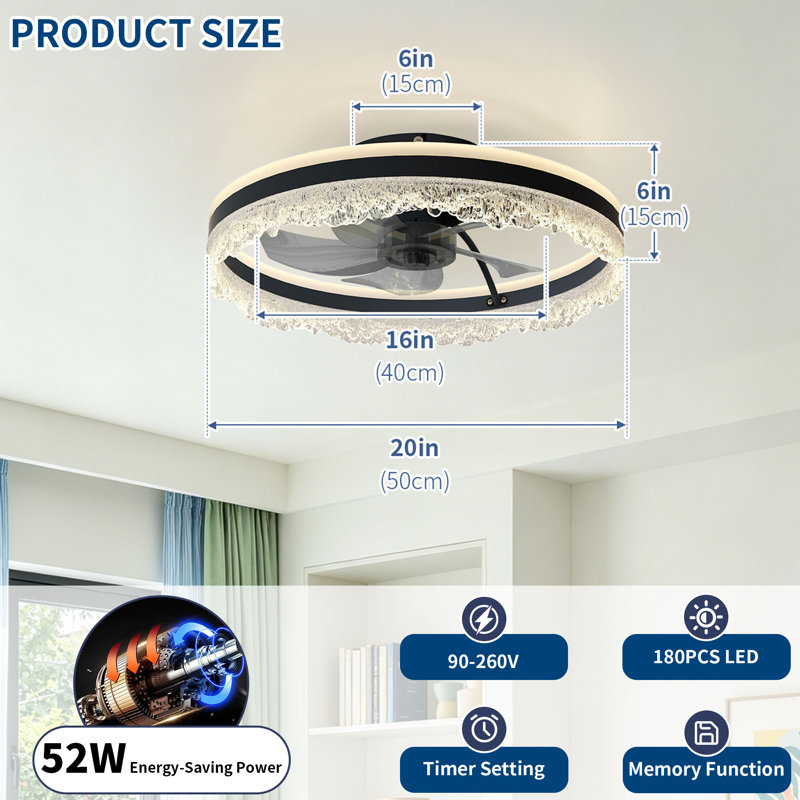 20" Crystal Ceiling Fan with Dimmable LED Light, 20" Crystal Ceiling Fan with Dimmable LED Light