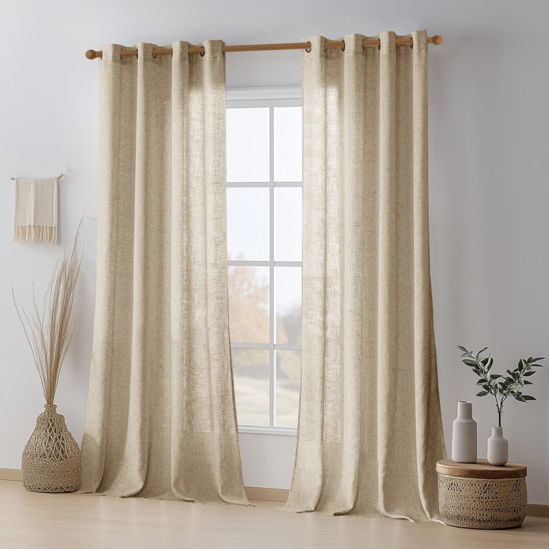 Light Filtering Linen Textured Polyester Semi-Sheer Grommet Curtain Pair (Set of 2), Beige, 52" W x 84" L