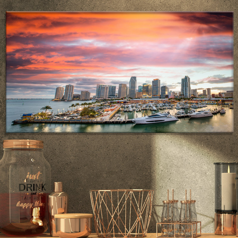 « miami coucher du soleil panoramique view », reproduction d’impression sur toile tendue, H 16 po x l 32 po x P 1 po