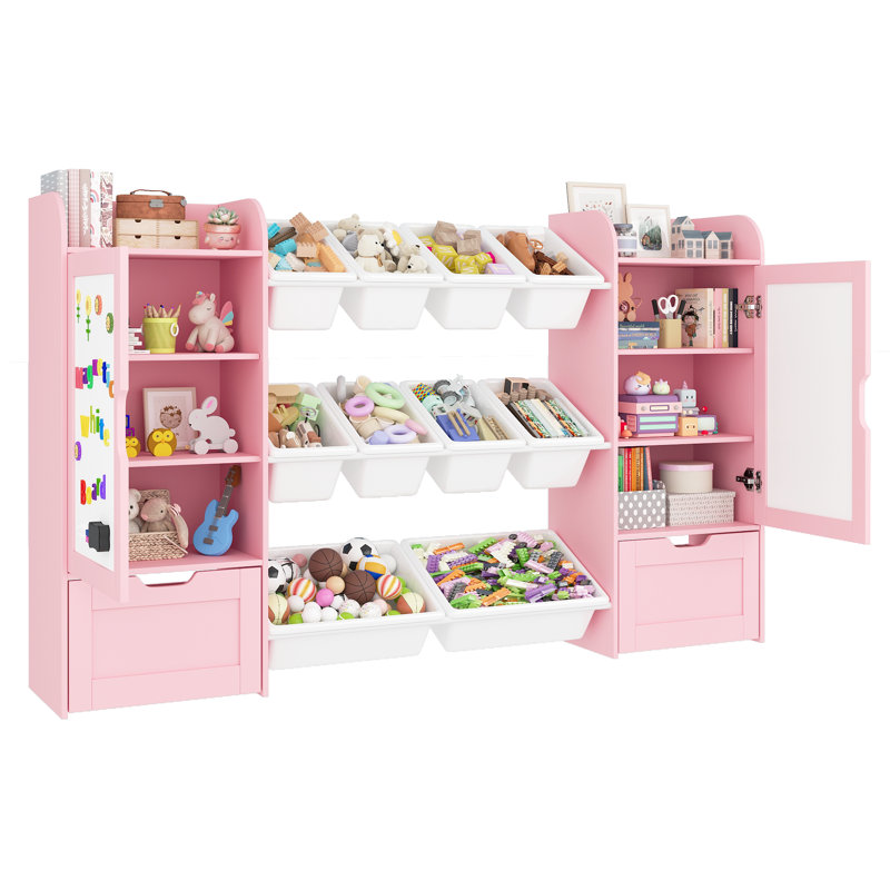 Rangement pour jouets de 168 cm de large avec 10 bacs en plastique, tablette et rangement pour jouets pour enfants avec 2 tableaux blancs magnétiques, 2 tiroirs et 2 placards pour chambre d'enfant, rose