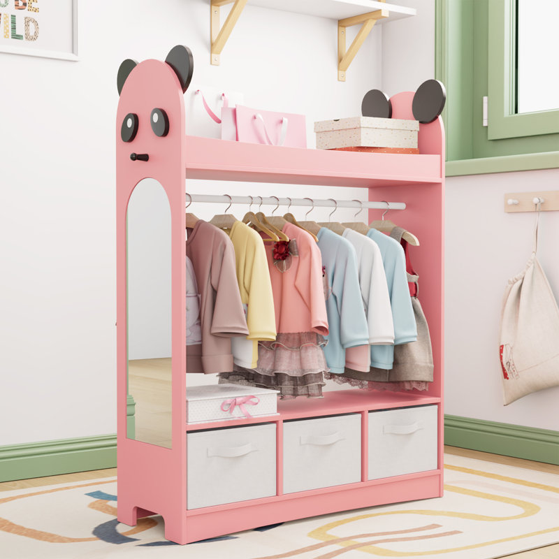 Children's Wardrobe, Open-Style Mirrored Wardrobe with 3 Shelves and 3 Drawers, Pink