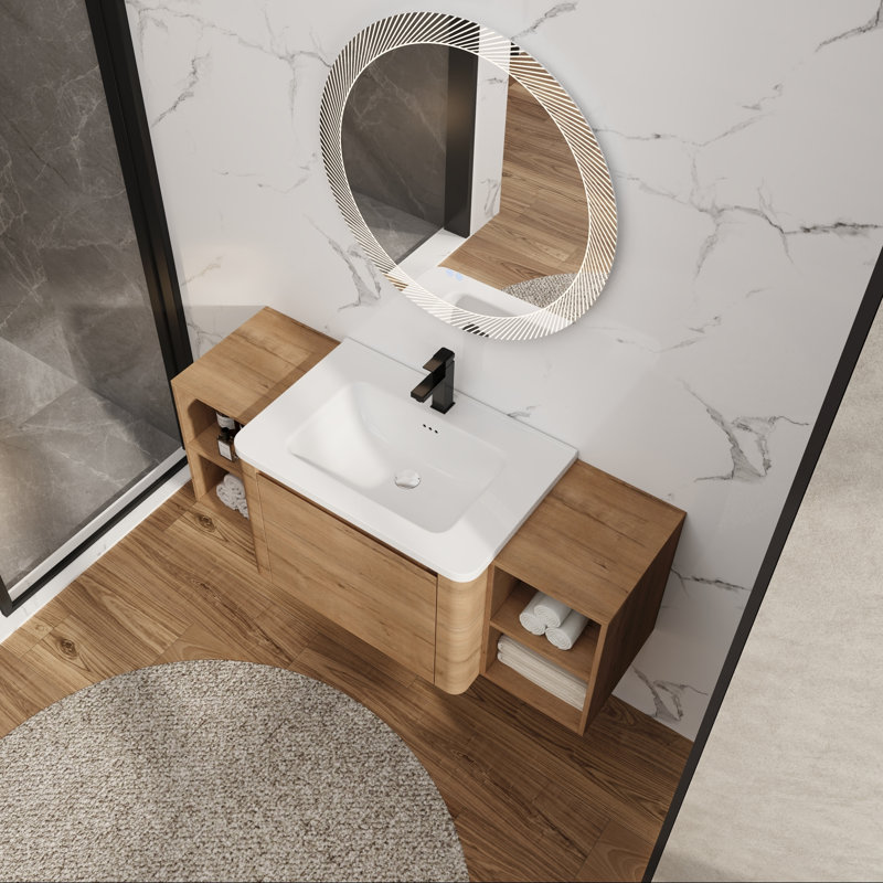 Meuble-lavabo mural avec lavabo en céramique, deux tablettes ouvertes et porte à fermeture en douceur, 52"