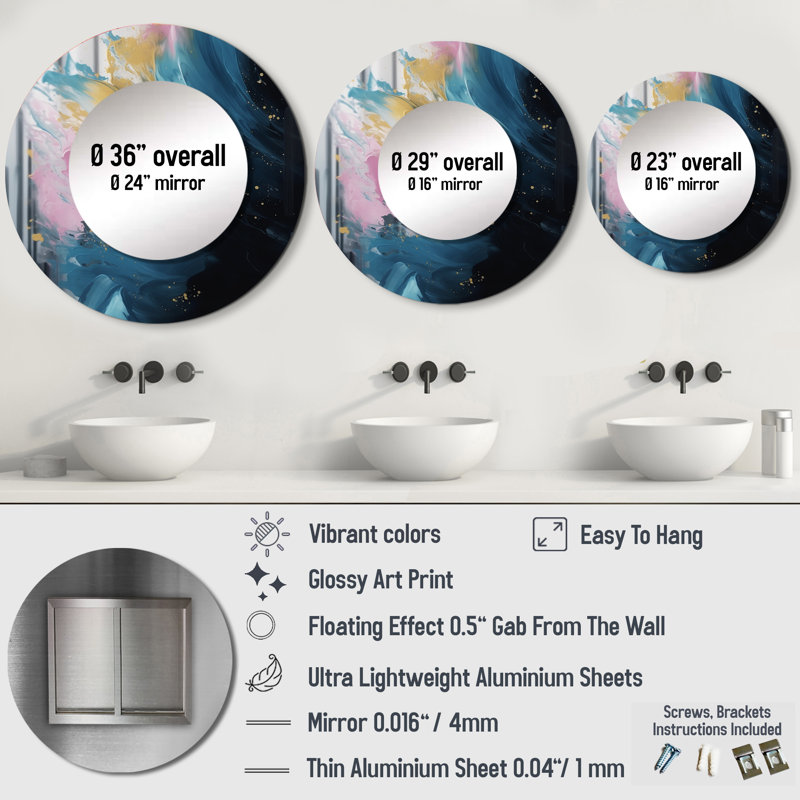 Raayan Pink And Blue Exploring The Unseen II - Geometric Unique Wall Mirror, Modern Round Mirror, Printed Metal Art
