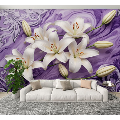 Papiers peints et adhésifs «Elegant White Lilies», fleurs murales mauves, papier peint amovible en PVC 100 po x l 144 po, adhésif mural pour chambre à coucher, bureau à domicile