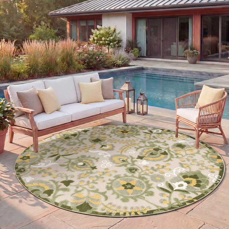 Tapis intérieur / extérieur floral Davar, Rond 7 pi 10 po