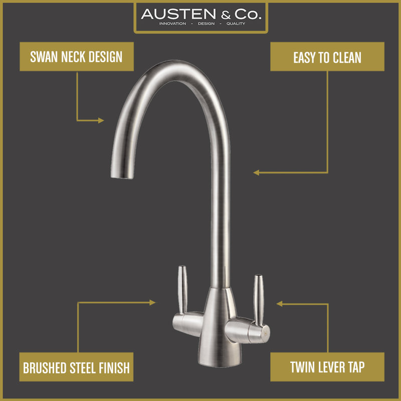 Austen & Co. Bilbao Kitchen Mixer Tap In Brushed Chrome With Twin Handles. Deck Mounted, 360 Degree Spout, Brushed