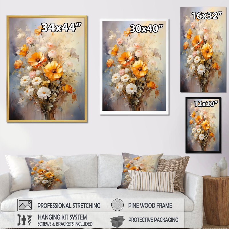 «Darb Beige Sunflowers», impression romantique sur toile, H 32 po x l 16 po x P 1 po, Cadre flottant noir