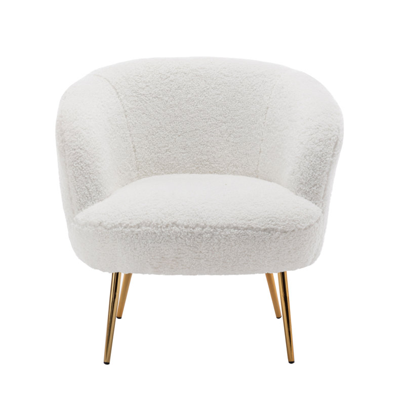 Socorro Teddy Fabric Barrel Accent Chair with Golden Chrome Legs, White