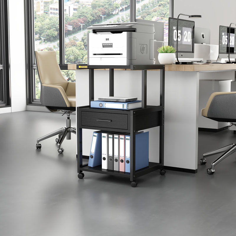3 Tier Printer Stand with Storage Drawer Rolling Printer Table with Wheels Home Office,Retro, Black