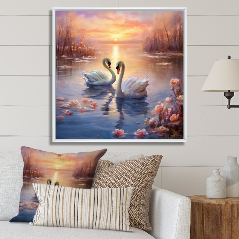 Deux cygnes blancs, coucher de soleil romantique I, Cadre flottant blanc, H 36 po x l 36 po