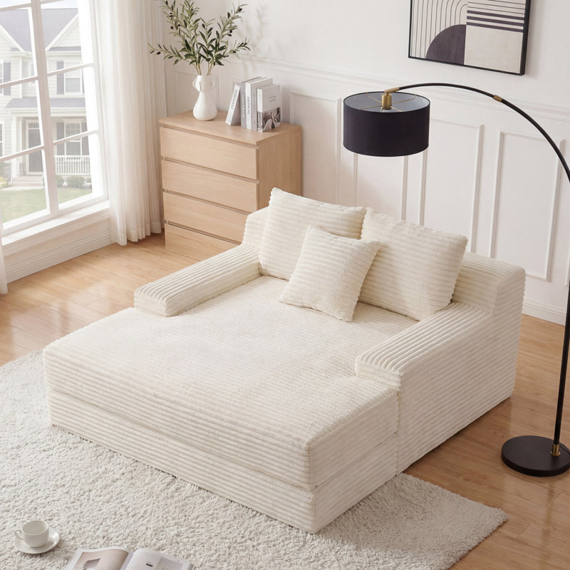Méridienne surdimensionnée en flanelle 65,35 po pour salon avec 2 coussins de dossier et 1 coussin décoratif, rembourrage en mousse pure, aucun assemblage requis, beige