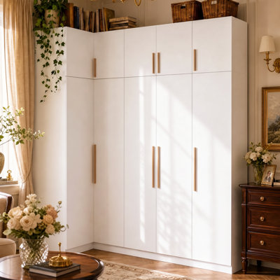 4-Piece Modular Corner Wardrobe System with Top Cabinets, 15 Shelves and 2 Hanging Rods for Bedroom Storage
