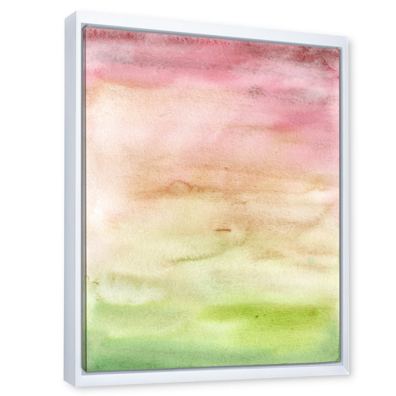 «Abstract Sunset with Pink Beige and Green», peinture sur toile à cadre flottant, H 20 po x l 12 po x P 1po