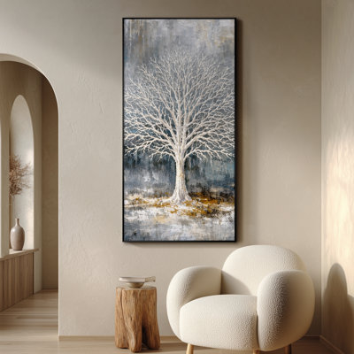 Très grand art mural imprimé sur tissu - Arbre blanc hivernal élégant avec des accents dorés subtils, décoration murale inspirée de la forêt minimaliste pour le salon ou la chambre à coucher - Assemblage requis