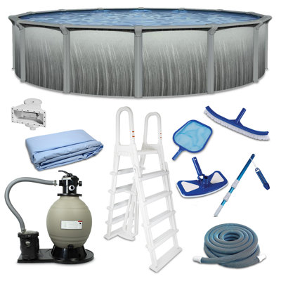 Ensemble de piscine hors-terre à parois dures et profondes de 18 pi de 52 po Blue Wave Martinique avec rails supérieurs en acier de 7 po, système de filtre à sable à deux vitesses, échelle, doublure, écumoire et trousse d'entretien - bouchon de 7 200 gallons