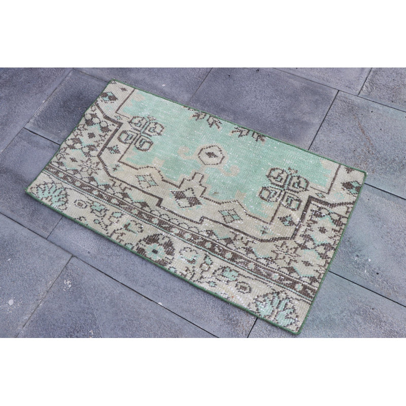Authentic Vintage Turkish Oushak Rug - Small Green Bath Mat for Entry in Boho Style