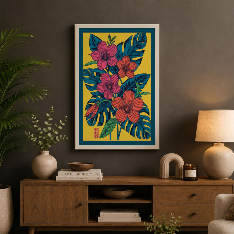 Tropical Blooms Botanical - Wrapped Canvas, 30x20 - 76.2 x 50.8 cm, Taupe Border
