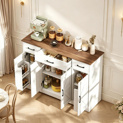 47" Farmhouse Buffet Cabinet with Soft-Close Hinges, Sideboard Featuring 3 Drawers, Adjustable Shelves and Spice Racks