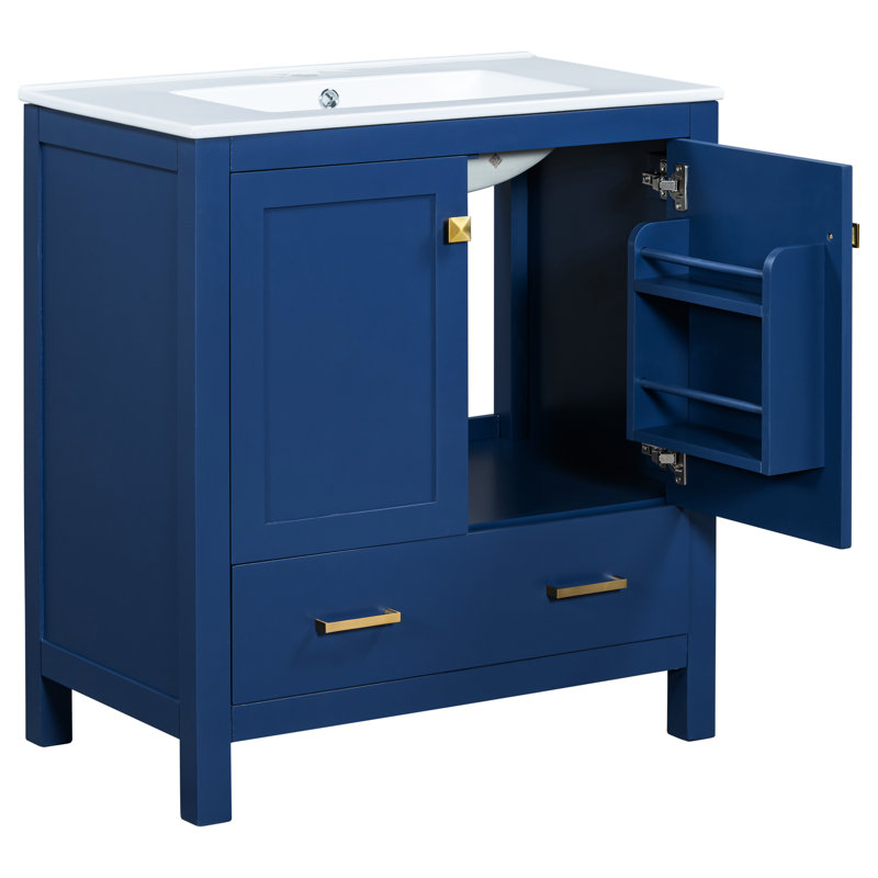 Armoire de rangement de salle de bain bleue 30 po. Lavabo simple en céramique et en céramique. Portes, meuble-lavabo de style contemporain avec cadre. Rangement spacieux. Charnières 2 1 tiroir. Moderne