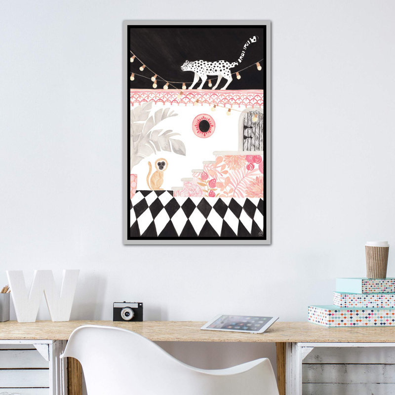 Art sur papier leopard et singe, H 60 po x l 40po x P 1,5 po, Toile avec cadre argenté