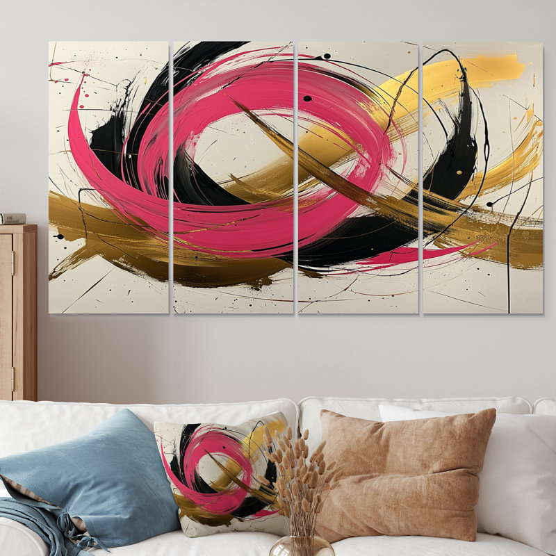 Ensemble de salon abstrait avec cercles abstraits dans des tons roses et dorés II - formes abstraites, H 28 po x l 48 po