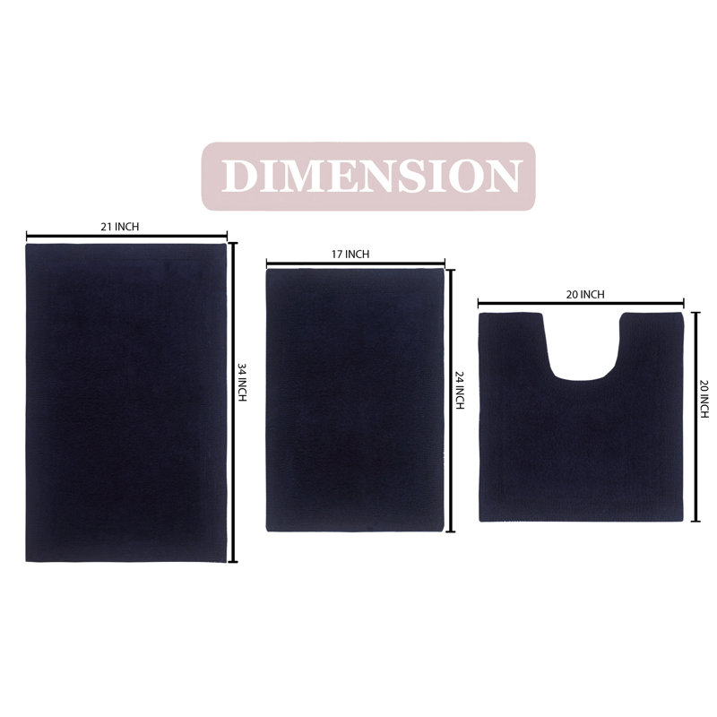 Bruss Luxury 100% Cotton Bath Rug (Set of 3) Reversible, Navy