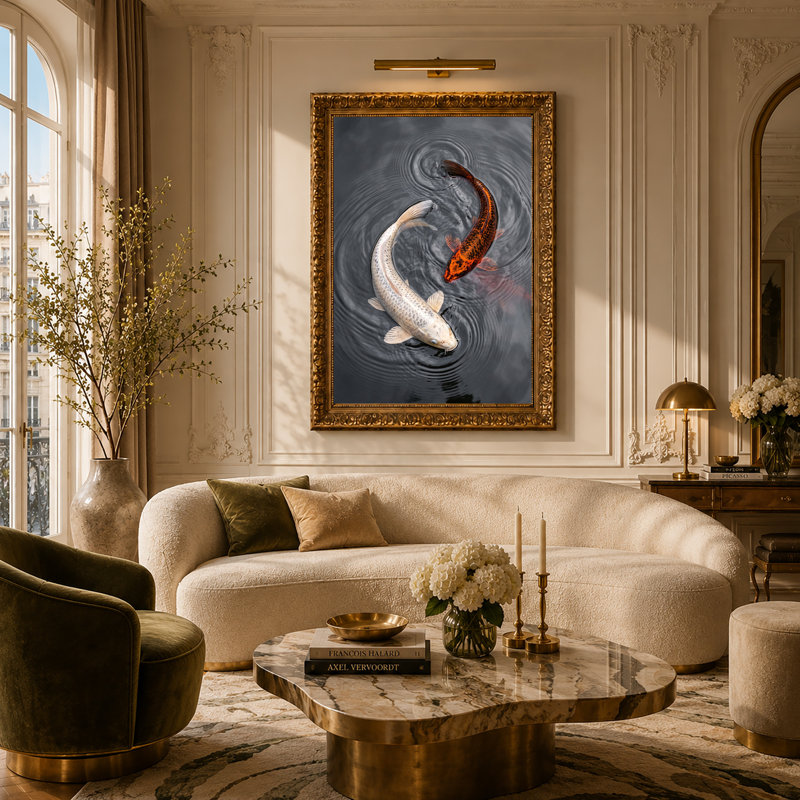 Art sur toile blanc et orange Koi, H 24 po x l 16 po