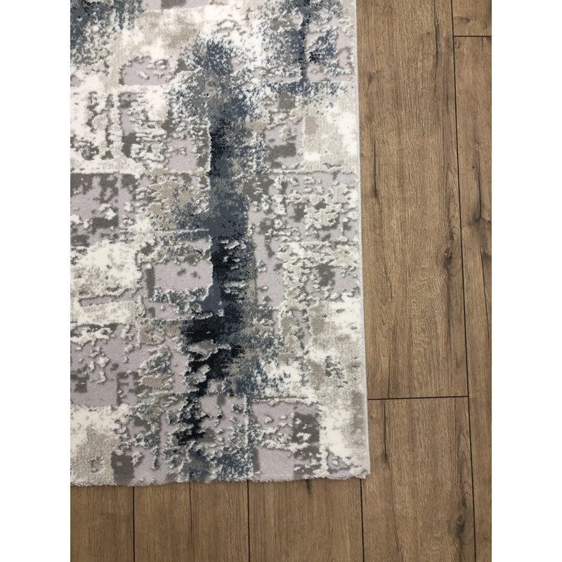 Tapis rectangulaire bleu / gris en acrylique tissé à la machine, Rectangle 6 pi 7 po x 9 pi 6 po