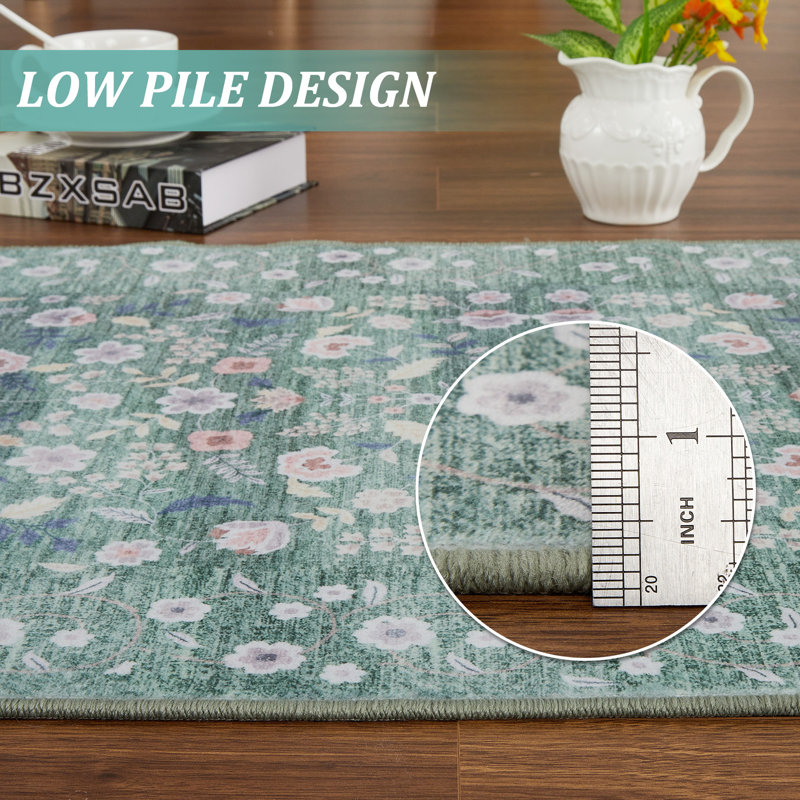 Washable Floral Area Rug - Thin Low Pile Carpet for Living Room, Dining Room, Bedroom, Office - Runner Style, Beige - Durable, Easy Care, Soft Underfoot