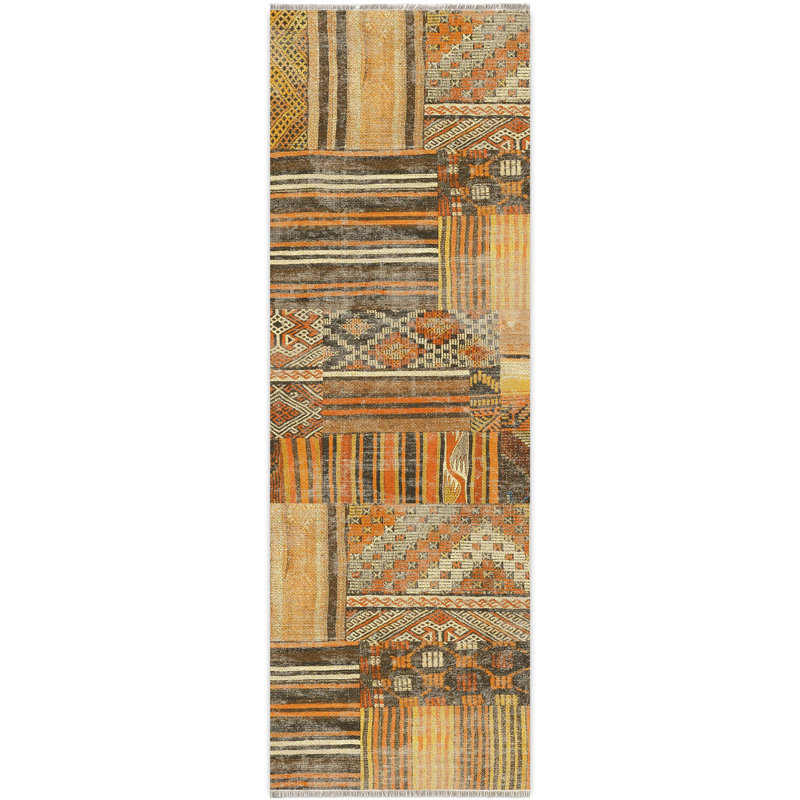 Tapis en chenille de coton marocain rétro brun et jaune Eilette, Rectangle 6 pi 7 po x 11 pi 6 po