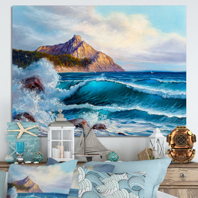 «Beautiful Blue Ocean Sunset And Waves II» - Décoration murale en toile nautique et côtière