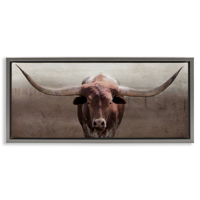 Cadre flottant rustique Western Longhorn, design par Carol Robinson, H 11 po x l 25 po, Cadre flottant gris lustré