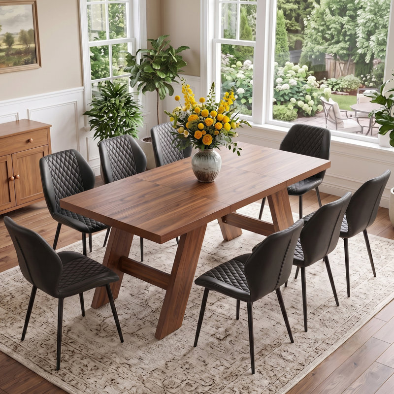 Ensemble de salle à manger 9 pièces de style Mid-Century moderne avec table en MDF de 71 po et 8 chaises en similicuir, base en tréteaux